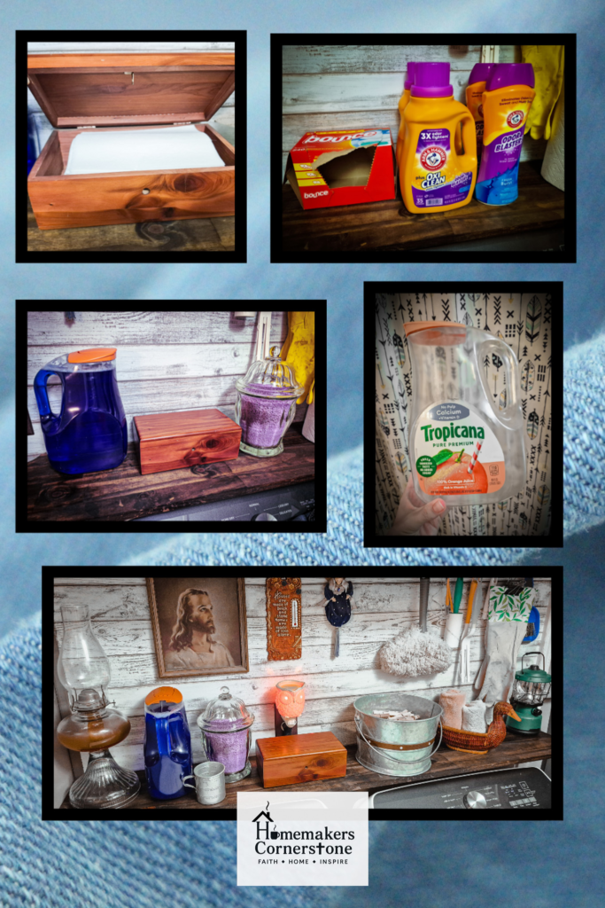 Laundry Room Shelf Home decore: Laundry room shelf before and after. use wooden box for dryer sheets. Orange juice bottle for laundry detergent. and a vintage apothecary canister for laundry crystals.
