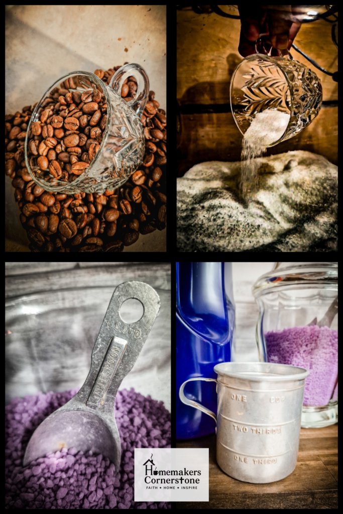 New Uses For Old Tea Cups, Measuring Cups, and Measuring Spoons Home decor: I love old cups so I use vintage tea cups in my canisters to scoop coffee beans, sugar, baking soda, and Epsom salt. I use a vintage aluminum measuring cup to measure my laundry detergent and a vintage aluminum measuring spoon to measure my laundry crystals.